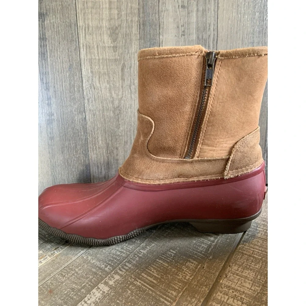 Sperry‎ Saltwater Women's Rain Duck Boots Tan Burgundy Side Zipper Size 9.5